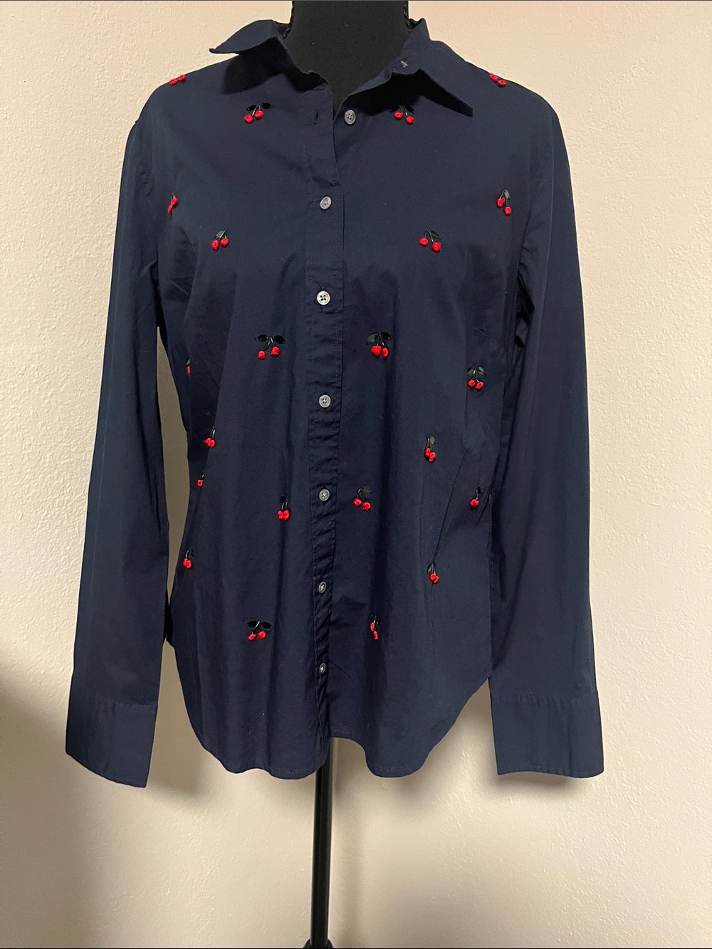 NWT J.Crew Navy Shirt with Red Embroidered Cherry Accents-Size 12